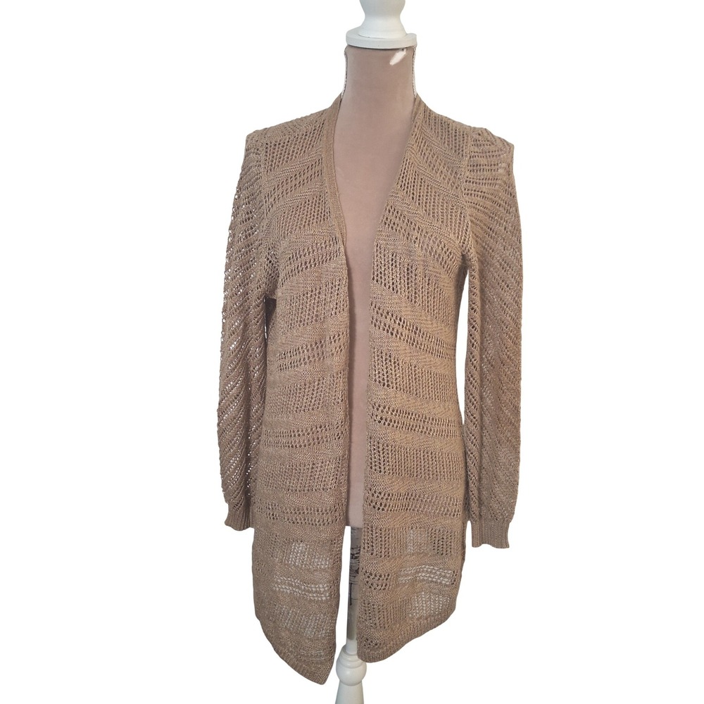 Christopher & Banks Tan Pointelle Open Knit Cardigan Sweater Large Open Front